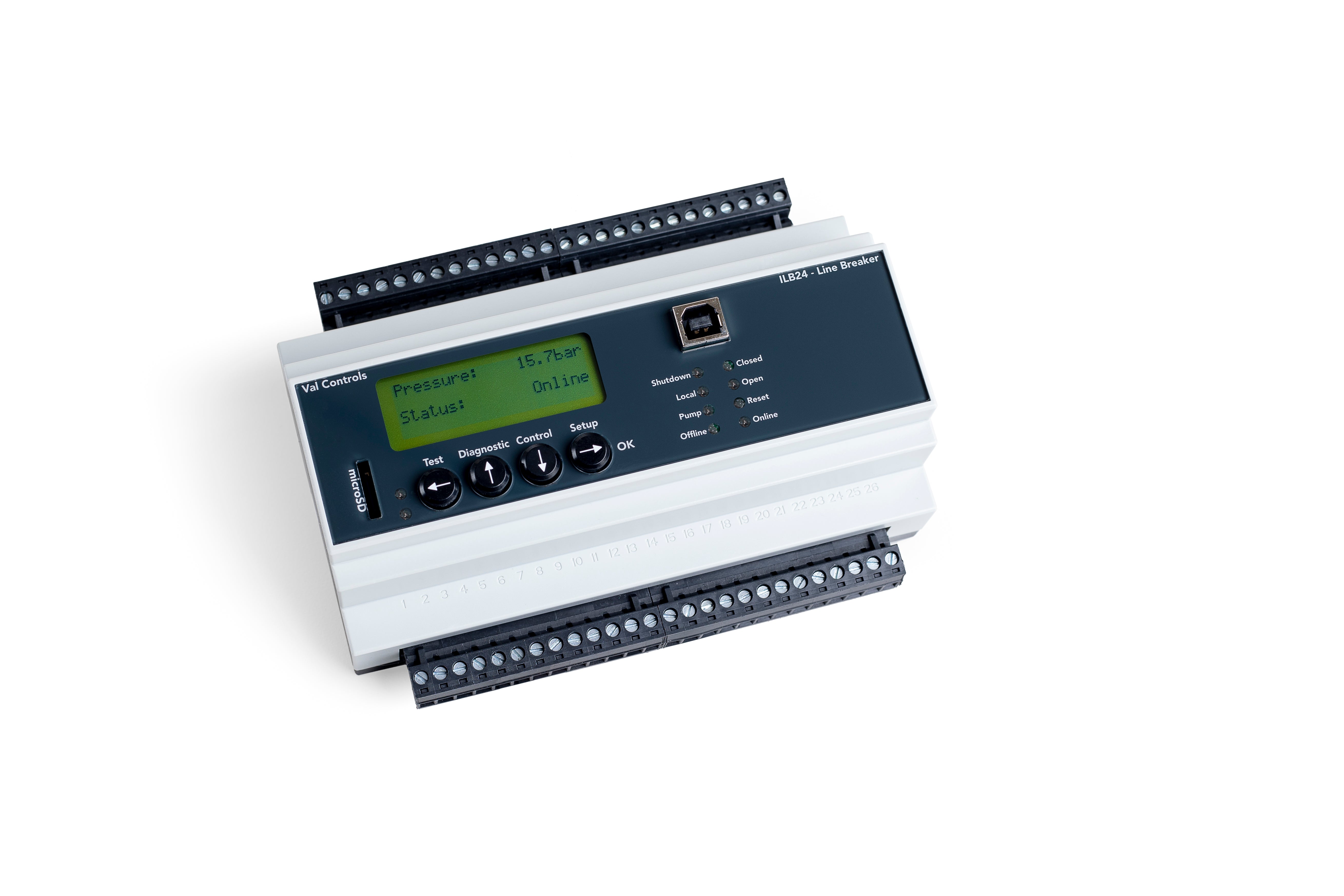 The ILB24 - DIN-rail mounted Intelligent Line Break Controller used to monitor and shutdown pipelines in case of an emergency.