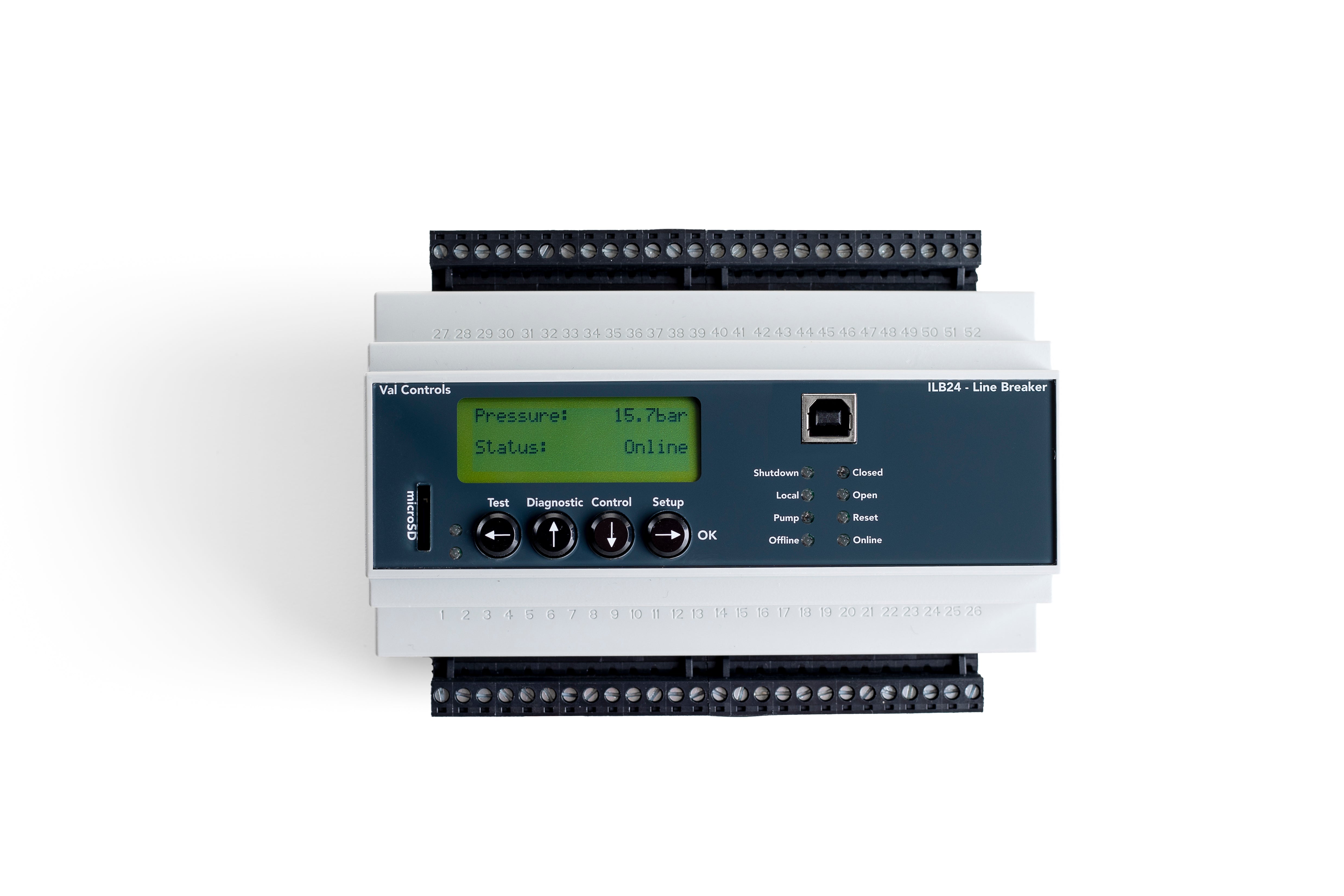 The ILB24 - DIN-rail mounted Intelligent Line Break Controller used to monitor and shutdown pipelines in case of an emergency.
