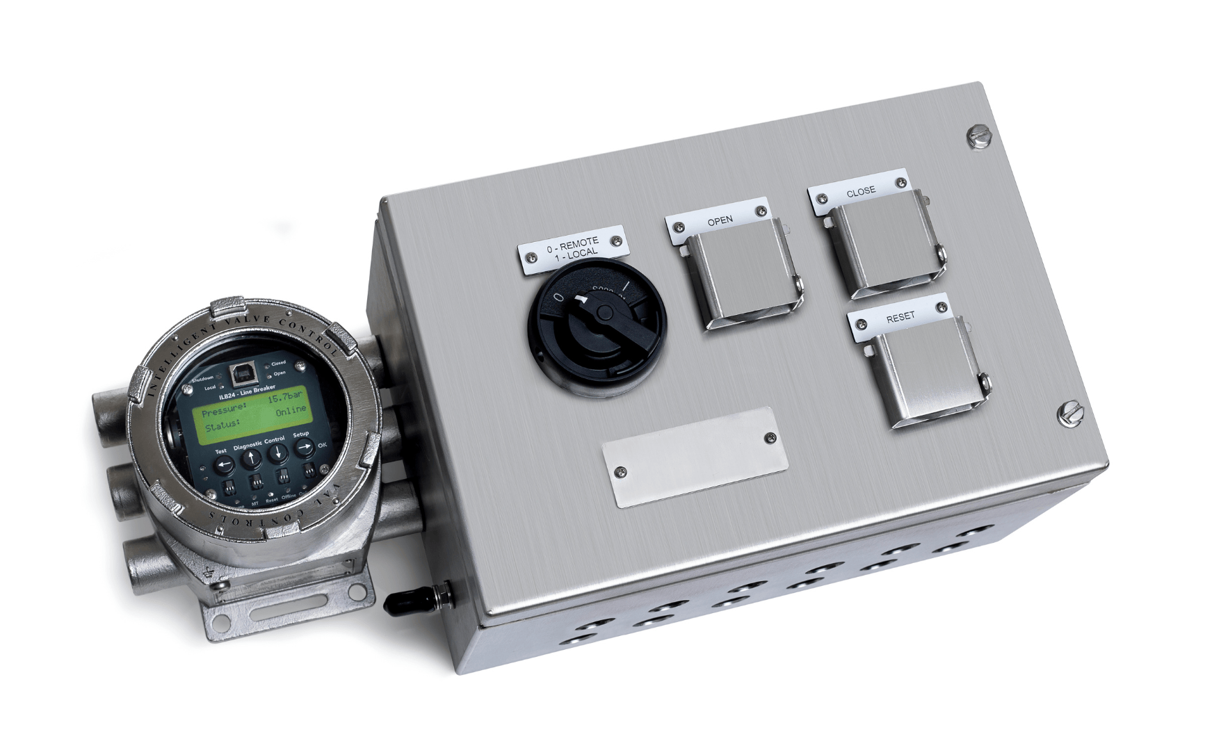 ILB24-AFL - Intelligent Line Breaker with a local control panel in SS316L housing material. Used for pipeline monitoring and control in Ex areas.